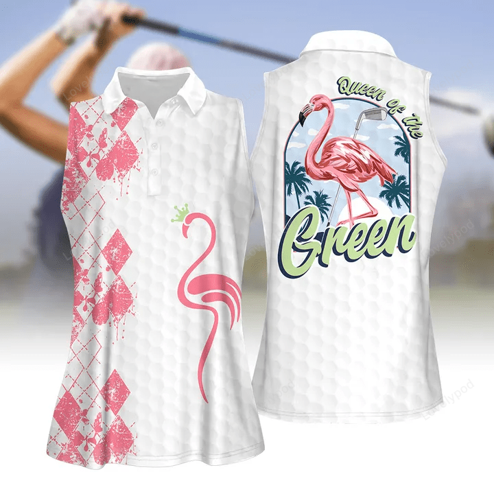 Queen of the green pink flamingo women golf apparel, women short sleeve polo shirt, sleeveless polo shirt GY1813