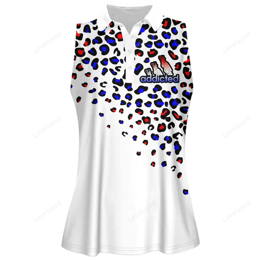Addicted golf leopard american flag color women golf apparel, women short sleeve polo shirt, sleeveless polo shirt GY1839