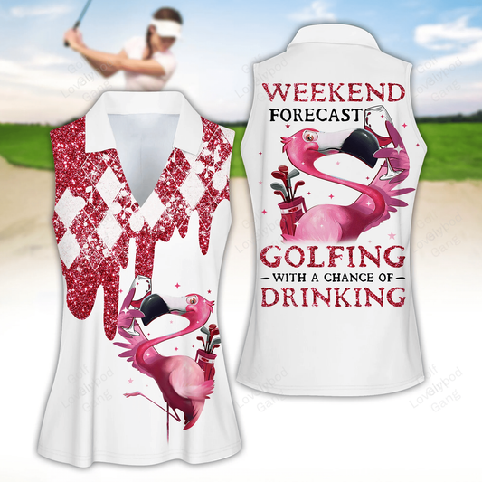 Dripping flamingo weekend forecast women golf apparels, funny golf shirt, women short sleeve polo shirt, sleeveless polo shirt GY1845