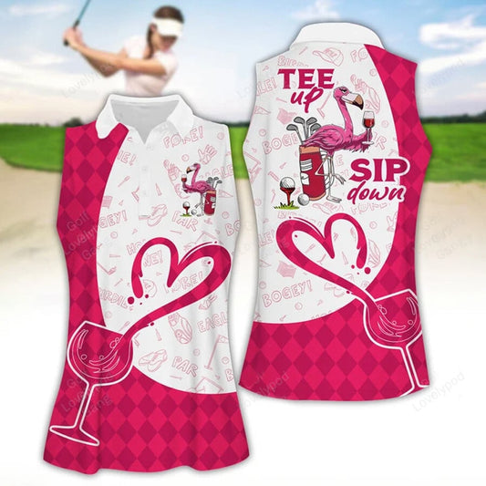 Tee up sip down flamingo golf women apparels, funny golf shirt, women golf sleeveless polo shirt GY1852