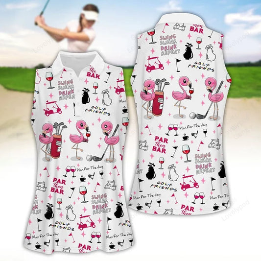 Flamingo golf and wine seamless women golf apparels, funny golf shirt, women golf sleeveless polo shirt GY1856