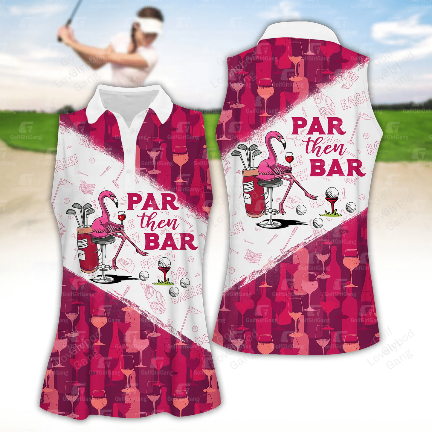 Par then bar flamingo and drinking women golf apparels, funny golf shirt, women golf sleeveless polo shirt GY1859