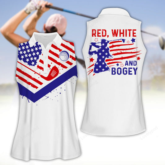 American flag golf silhouette red white & bogey 4th of july women golf apparels, funny golf shirt, women golf sleeveless polo shirt GY1860