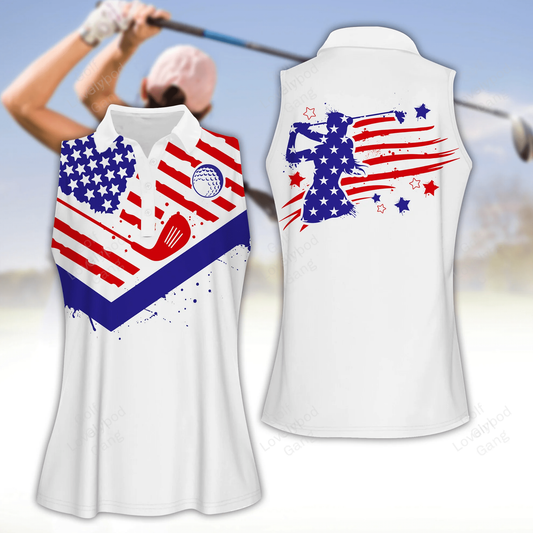 American flag golf silhouette 4th of july women golf apparels, funny golf shirt, women golf sleeveless polo shirt GY1863