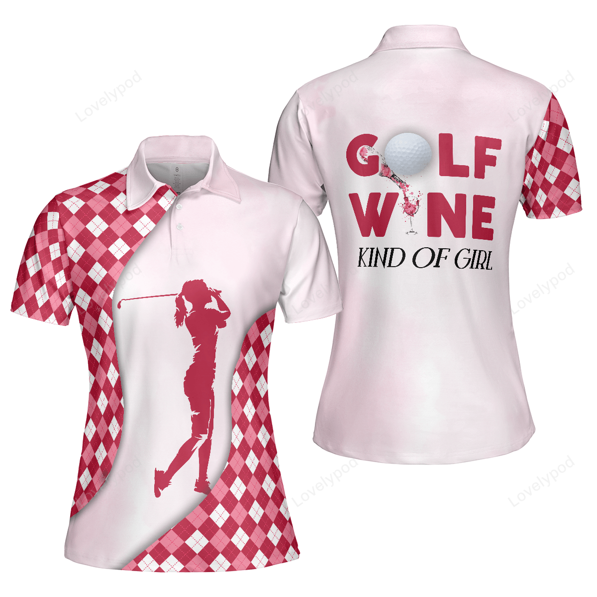 Golf and wine kind of girl short sleeve women polo shirt, pink diamond pattern shirt for golf ladies GY1911