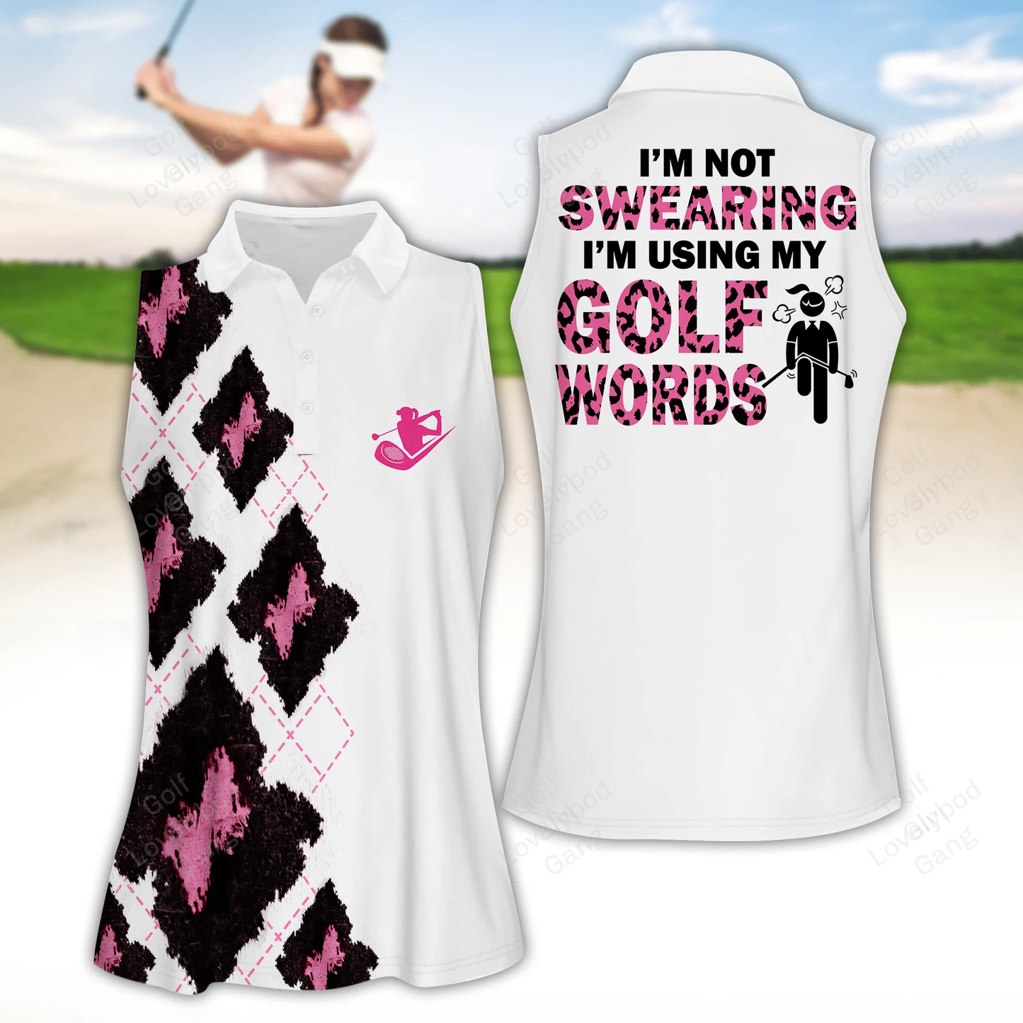 Leopard argyle i'm not swearing pink ver women golf apparels, women golf sleeveless polo shirt GY1924