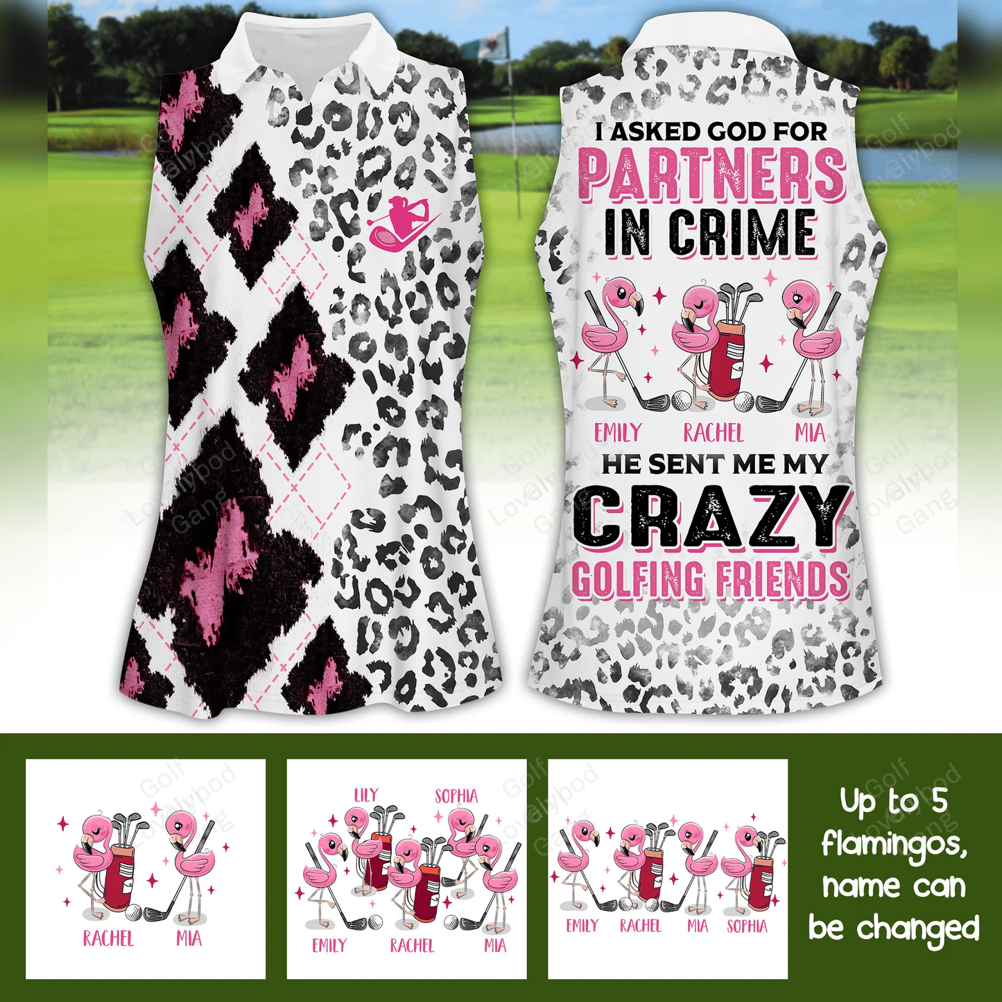 Custom golf partners in crime flamingo women golf apparels, women golf sleeveless polo shirt GY1926