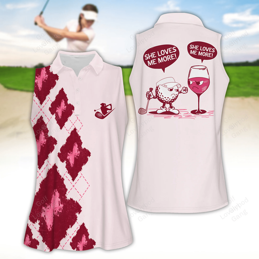 Funny golf and wine she loves me more women golf apparels, women golf sleeveless polo shirt GY1928