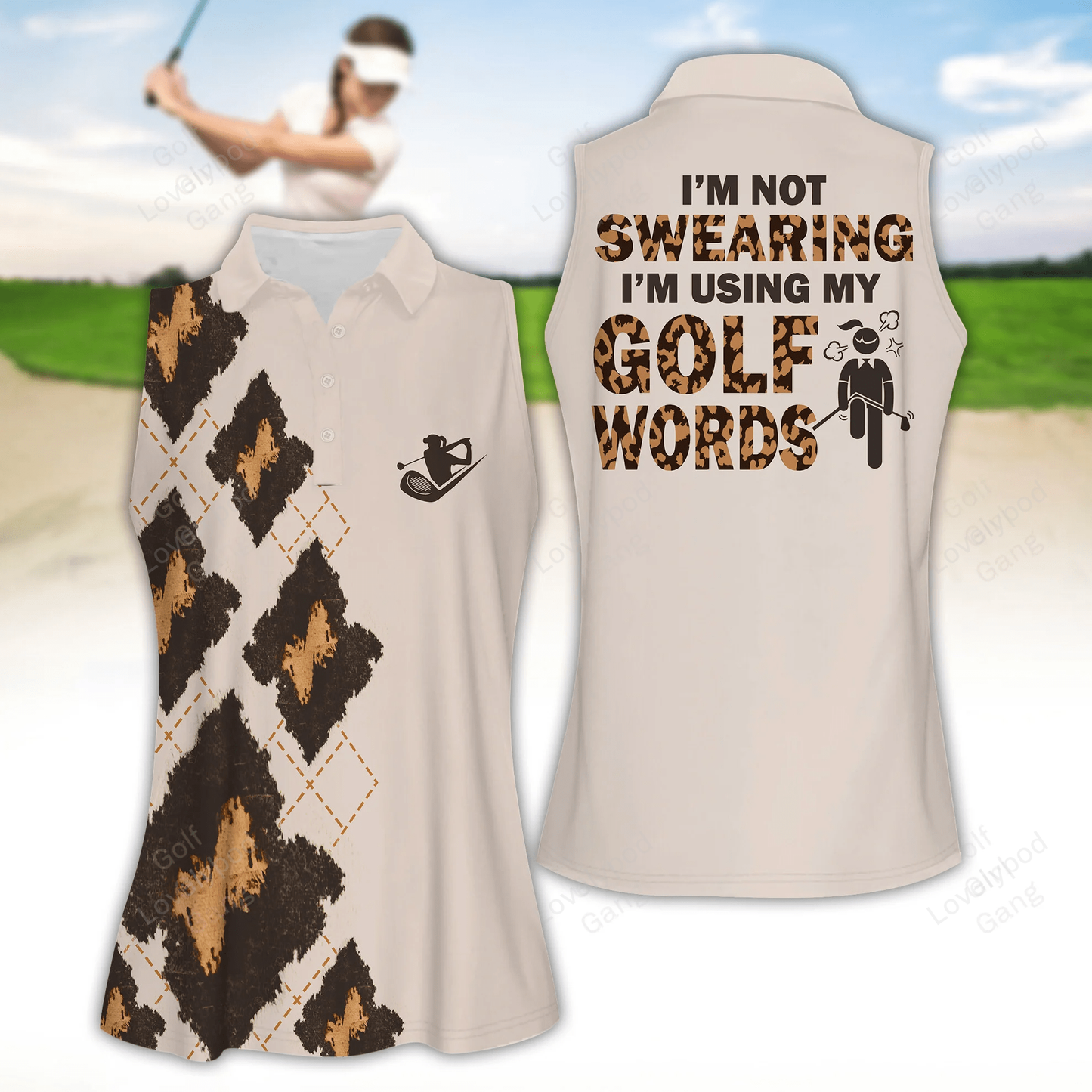 Leopard argyle i'm not swearing women golf apparels, women golf sleeveless polo shirt GY1929