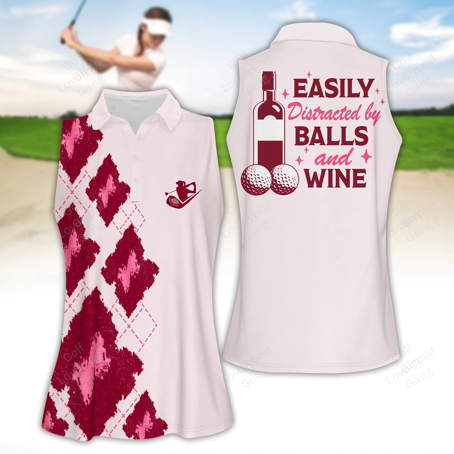 Easily distracted by balls and wine women golf apparels, women golf sleeveless polo shirt GY1932