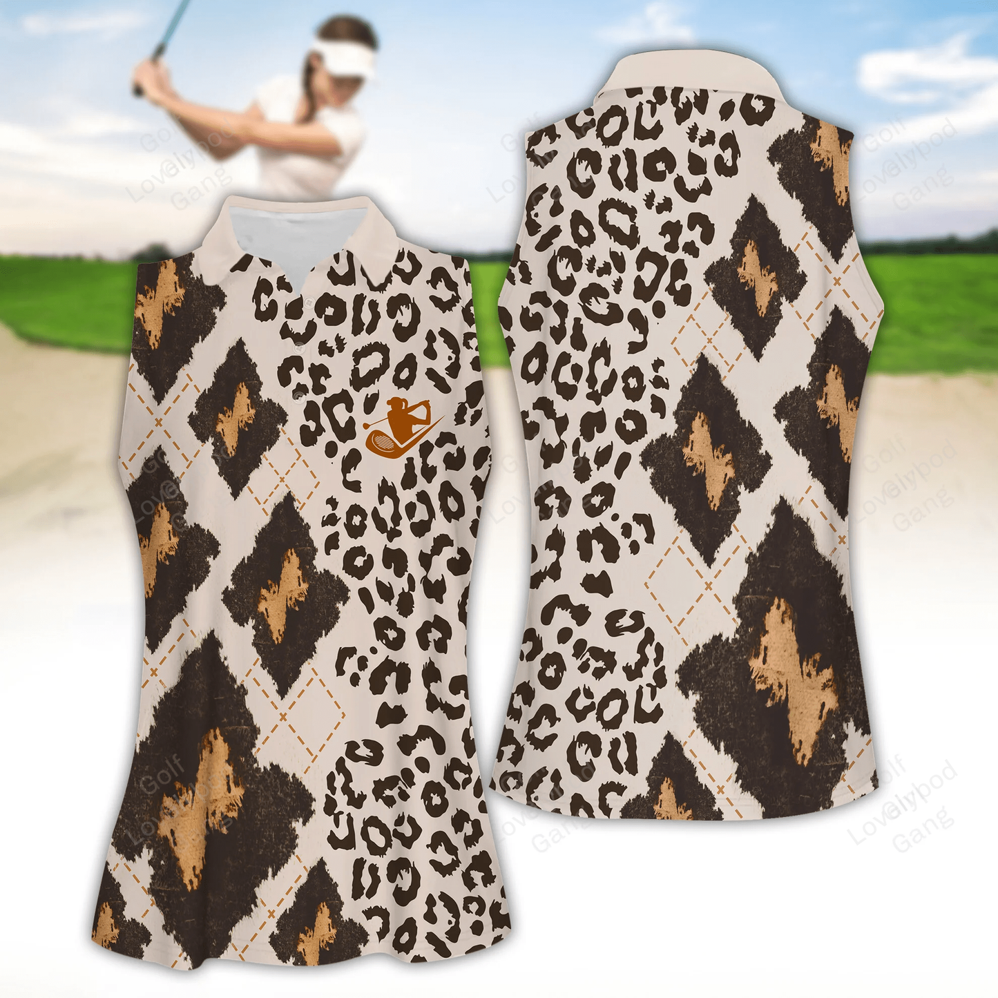 Leopard argyle women golf apparels, women golf sleeveless polo shirt GY1933