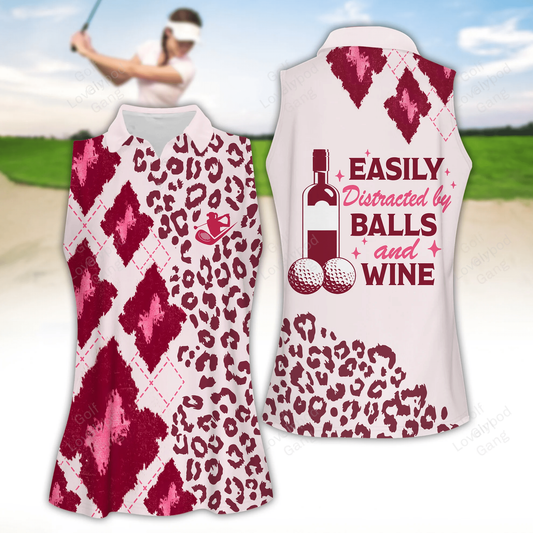 Leopard argyle easily distracted by balls and wine women golf apparels, women golf sleeveless polo shirt GY1934