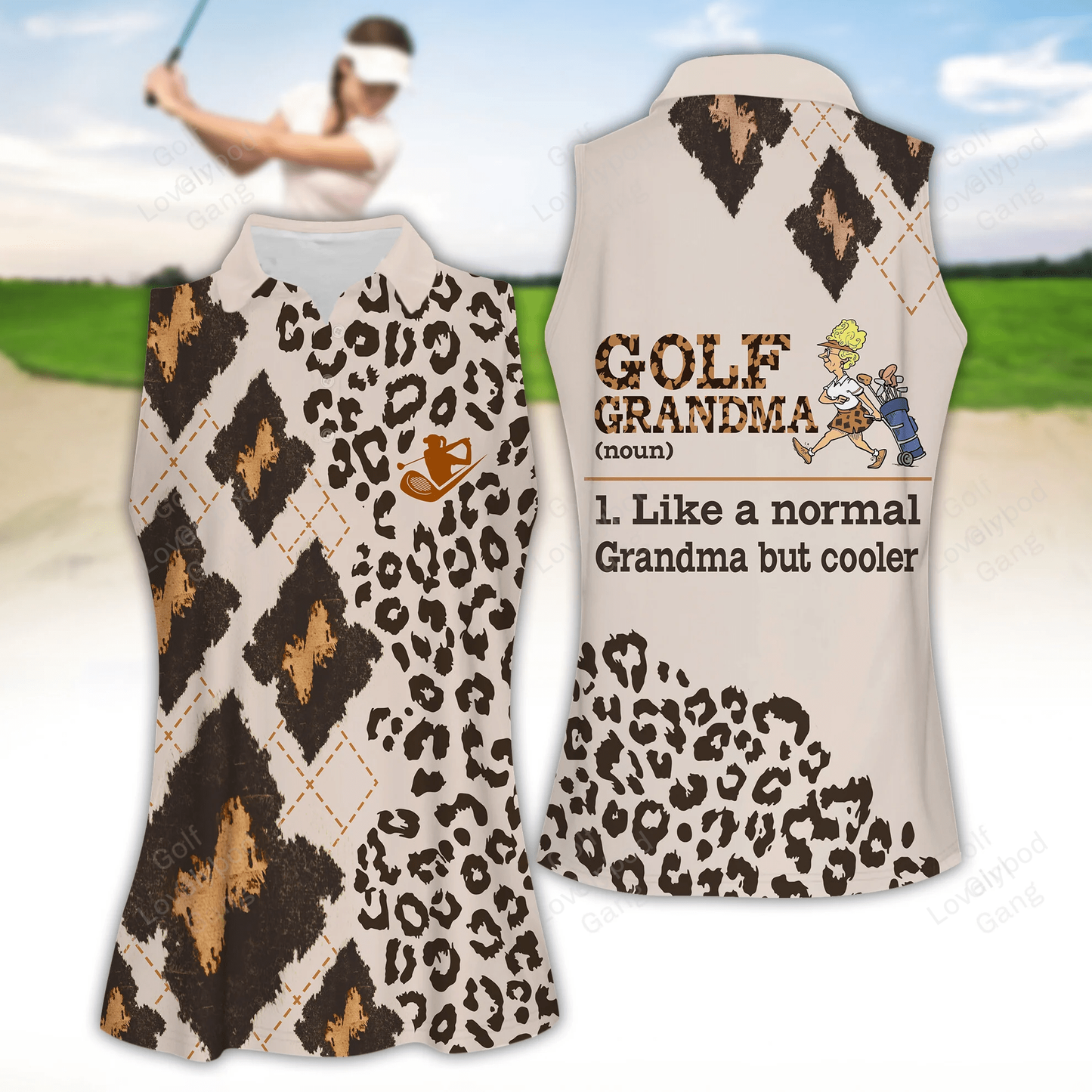 Leopard argyle golf grandma women golf apparels, funny golf shirt, golf polo shirt, women golf sleeveless polo shirt GY1935