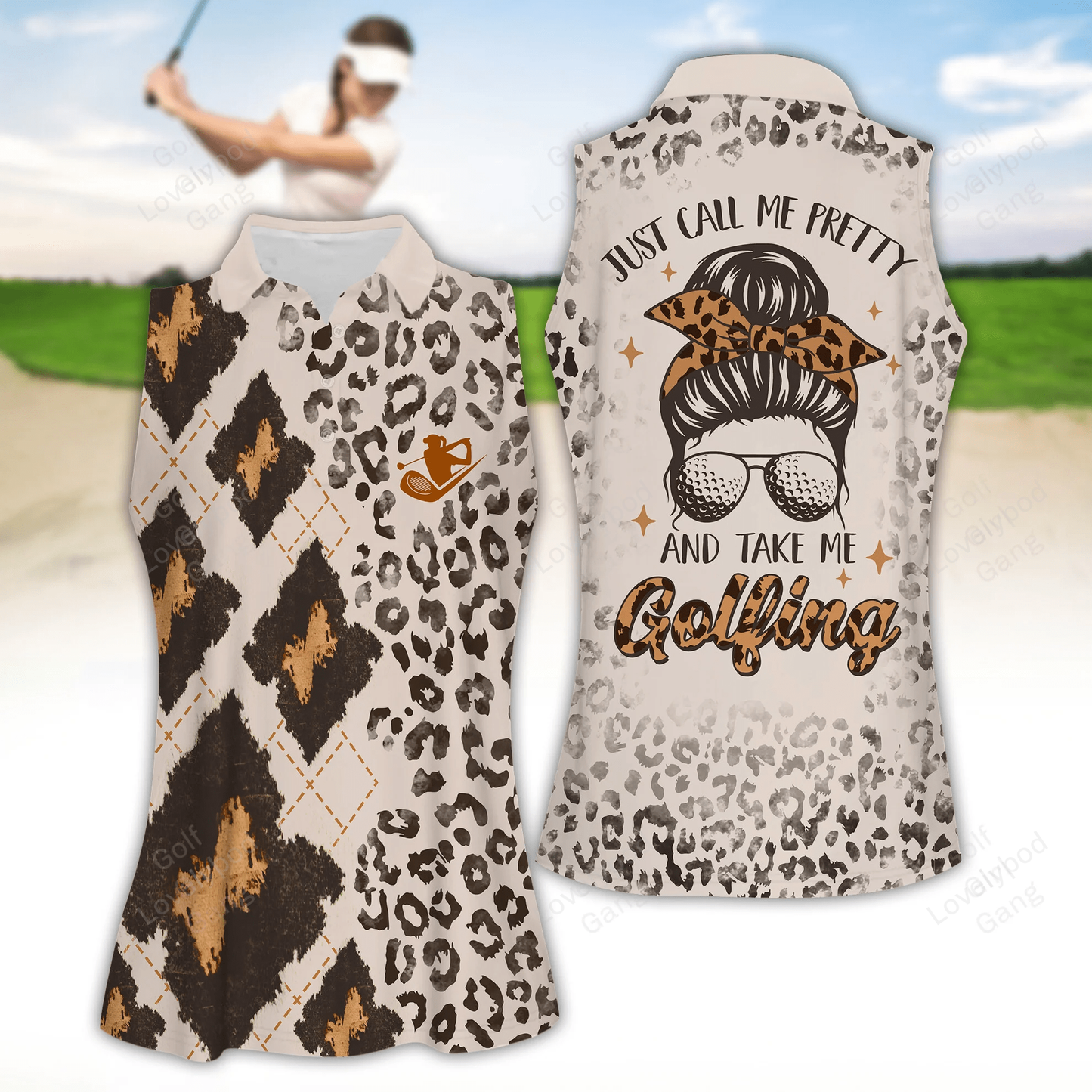 Just call me pretty leopard argyle women golf apparels, funny golf shirt, golf polo shirt, women golf sleeveless polo shirt GY1942