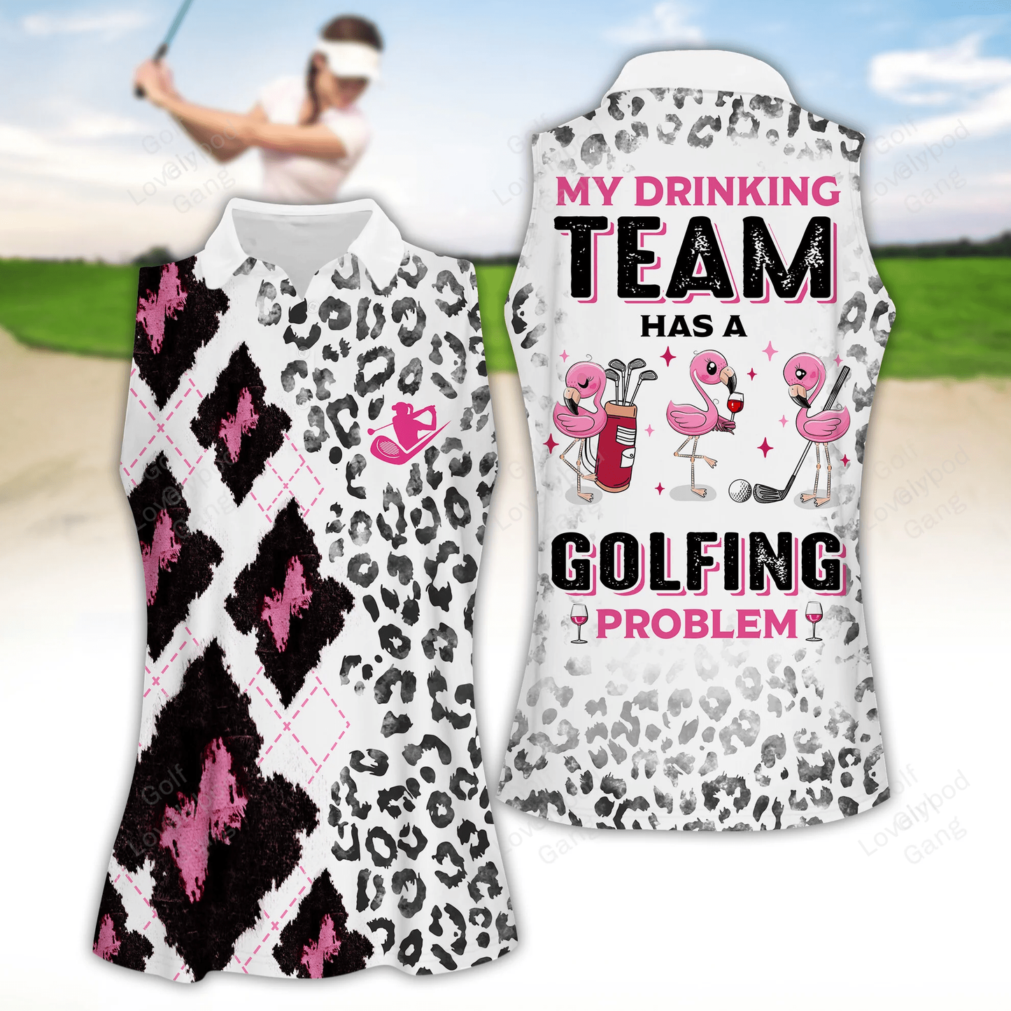 Flamingo drinking team women golf apparels, funny golf shirt, golf polo shirt, women golf sleeveless polo shirt GY1944