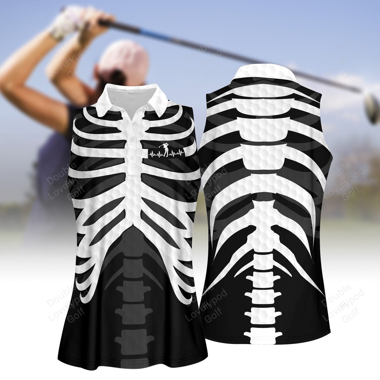 Skeleton heart beat golf women short sleeve polo shirt, women's sleeveless golf shirts, halloween shirt GY1949