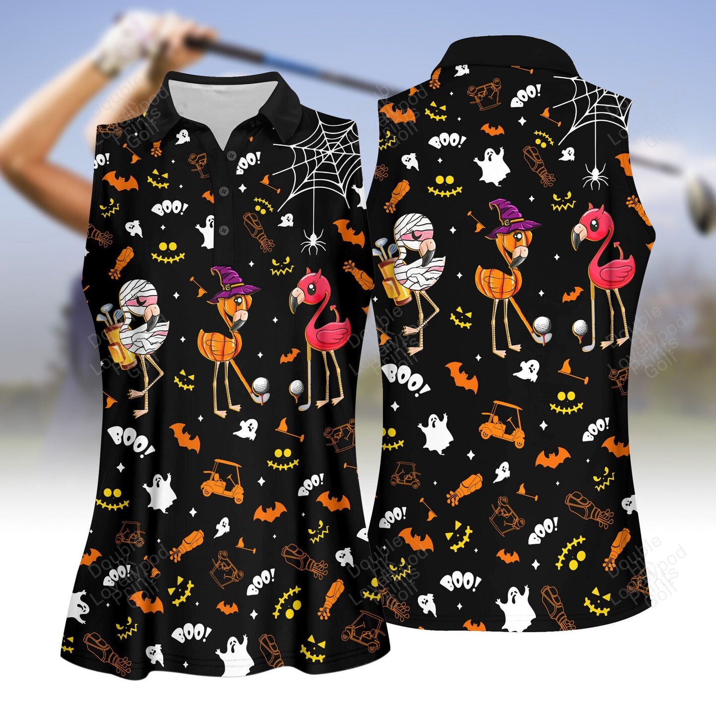 Flamingo golf halloween women golf apparels, women golf shirt, women's sleeveless golf shirts, halloween shirt GY1954