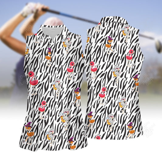 Seamless flamingo halloween golf zebra background women golf shirt, women golf shirt, women's sleeveless golf shirts, halloween shirt GY1955