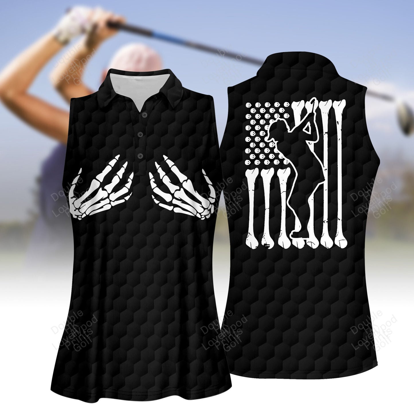 Golf skeleton hand american flag halloween golf shirt, women golf shirt, women's sleeveless golf shirts, halloween shirt GY1956