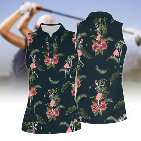 Seamless tropical skeleton golf women halloween golf shirt, women golf shirt, women's sleeveless golf shirts, halloween shirt GY1957