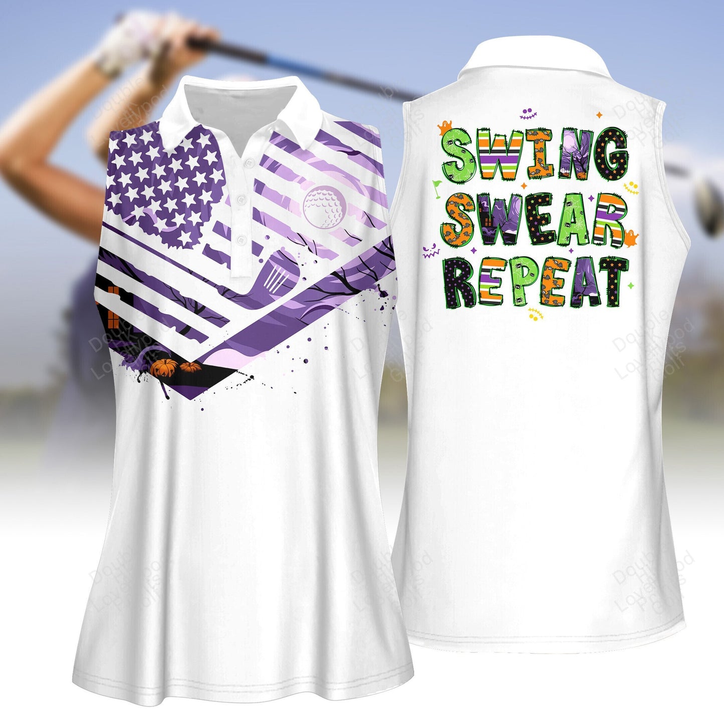 Swing swear repeat american flag halloween women golf shirt, women golf shirt, women's sleeveless golf shirts, halloween shirt GY1959