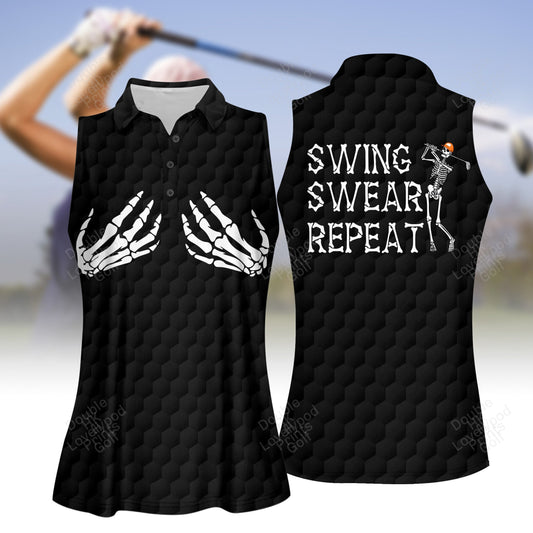 Swing swear repeat golf skeleton hand halloween women golf apparels, women golf shirt, women's sleeveless golf shirts, halloween shirt GY1961