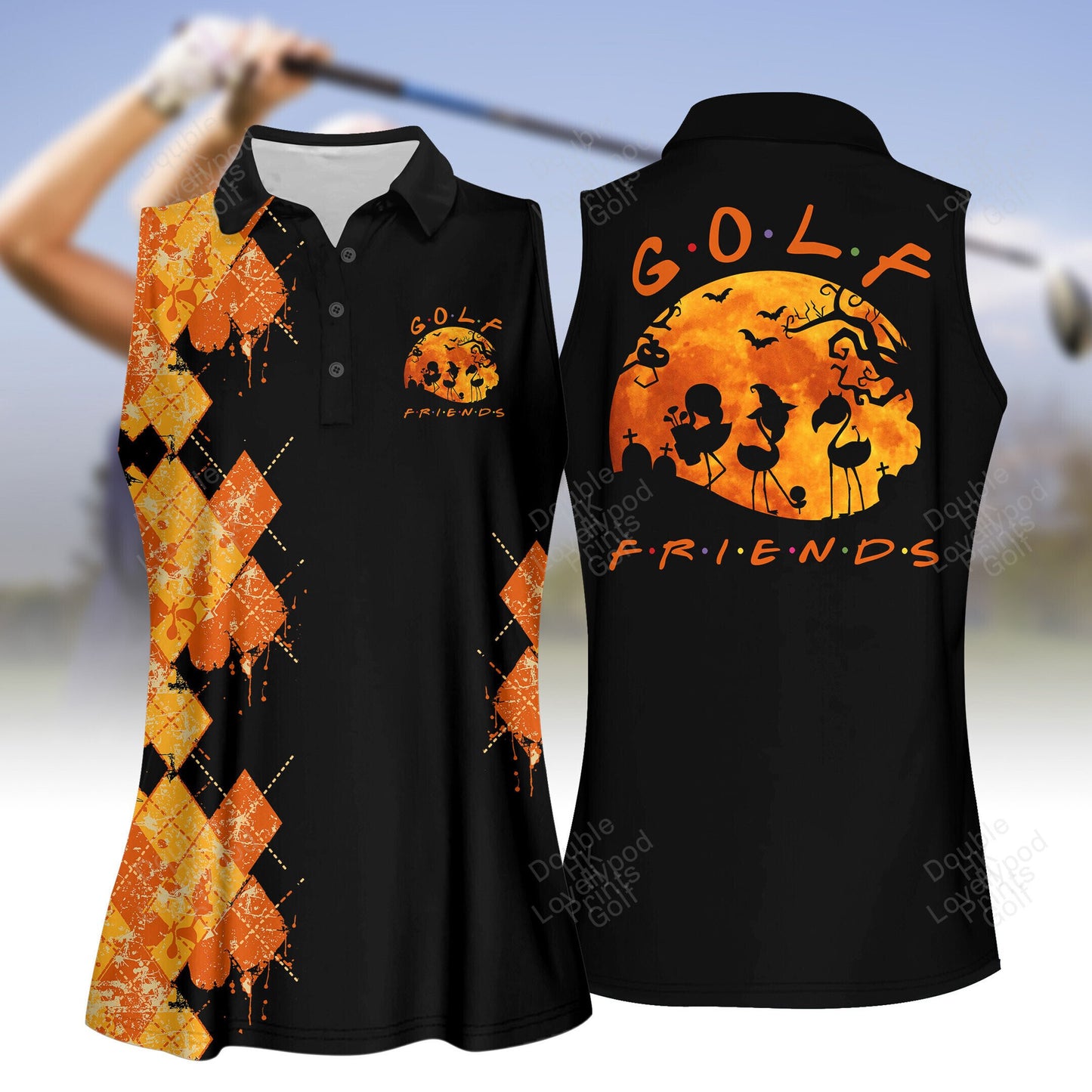 Golf friends flamingo halloween halloween women golf shirt, women golf shirt, women's sleeveless golf shirts, halloween shirt GY1962