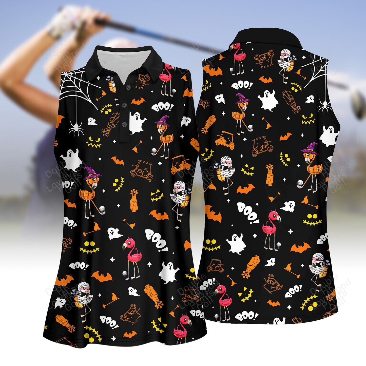 Seamless flamingo golf halloween women golf polo shirt, women golf shirt, women's sleeveless golf shirts, halloween shirt GY1963