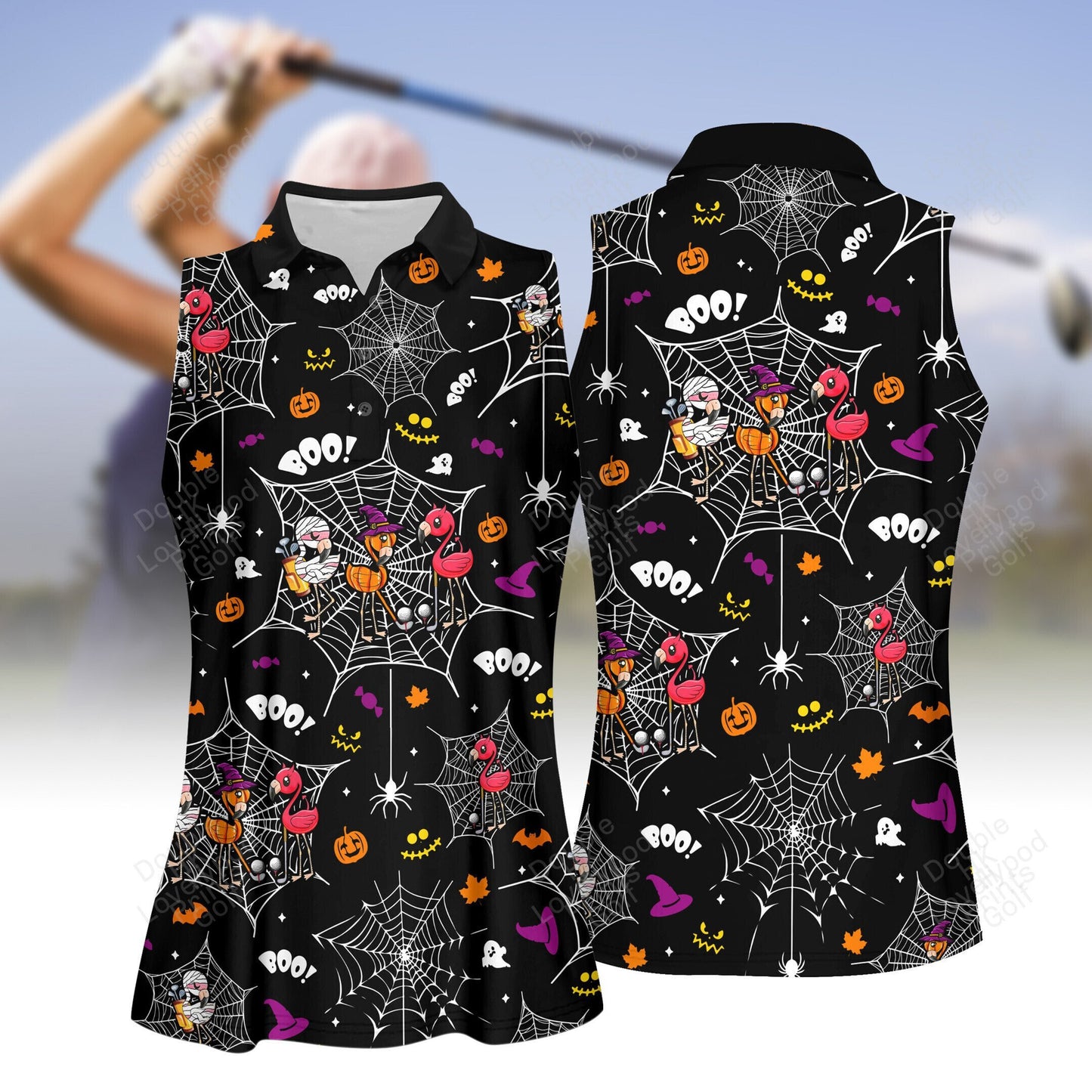 Flamingo golf halloween spider golf polo shirt, women golf shirt, women's sleeveless golf shirts, halloween shirt GY1964