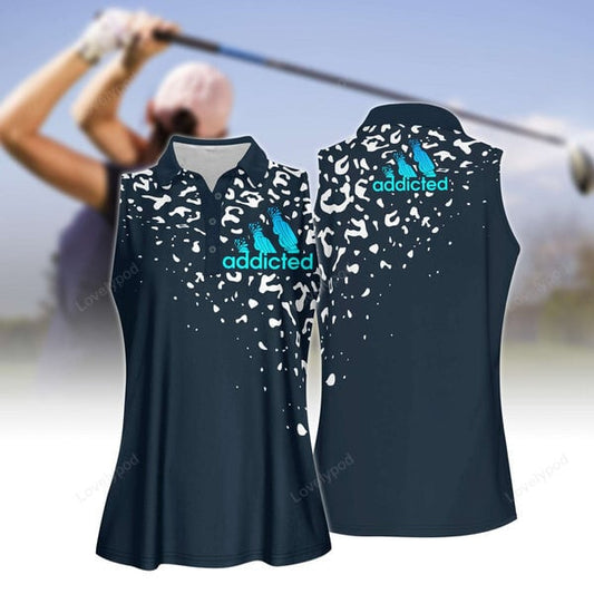 Addicted golf leopard blue women golf polo shirt, golf sleeveless polo shirt GY1971