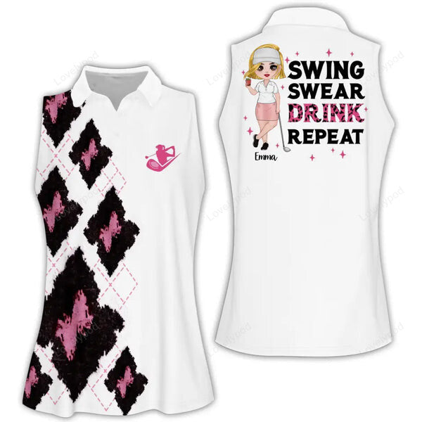 Custom leopard swing swear drink repeat women golf apparels, golf sleeveless polo shirt for women GY1984