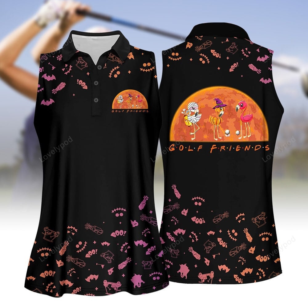 Golf friends flamingo halloween black women golf apparel, halloween golf sleeveless polo shirt for women GY1995