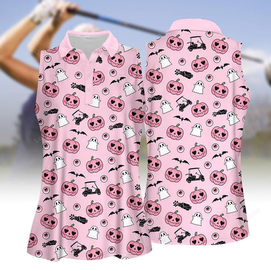 Halloween pink background pattern women golf apparel, halloween golf polo shirt for women GY2000