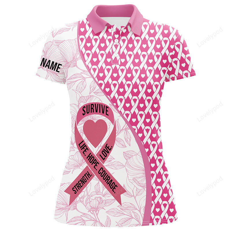 Flowers pink custom name womens golf polo shirts breast cancer awareness golf tops for ladies GY2015