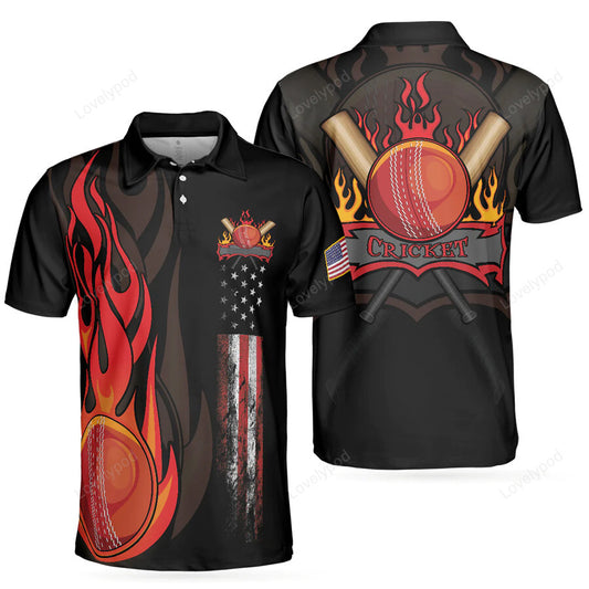 Cricket flame short sleeve black polo shirt for golf, american flag polo shirt, best cricket shirt for men GY2018