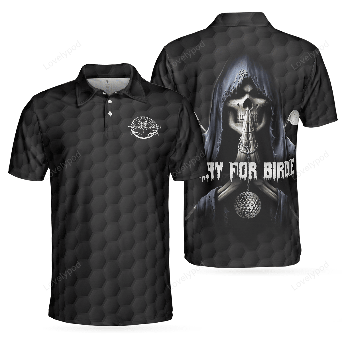 Pray for birdie golfing skeleton polo shirt, black golf pattern skull polo shirt, best golf shirt for men GY2019