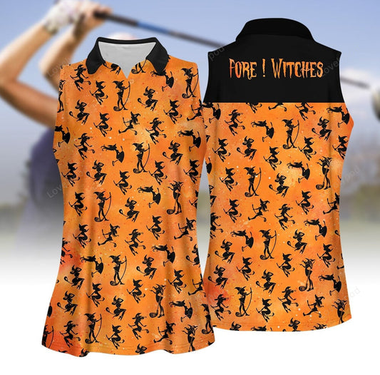 Fore ! witches pattern halloween women golf polo shirt, halloween golf polo shirt for women GY2026