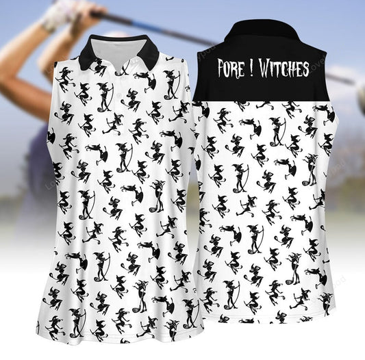 Fore ! witches pattern halloween black white women golf polo shirt, halloween golf polo shirt for women GY2027