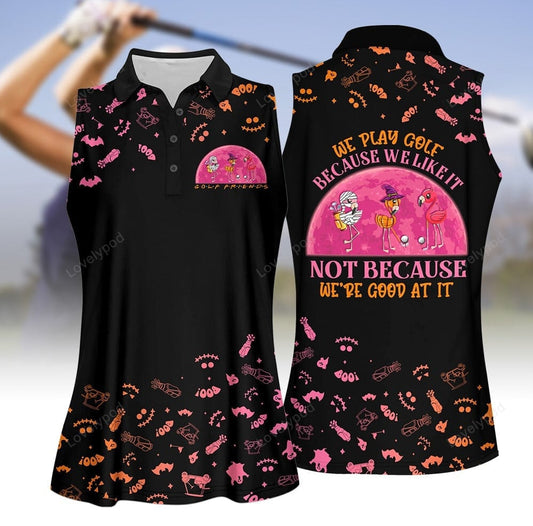 Pink halloween flamingo we play golf because we like it women golf apparel, halloween golf polo shirt for women GY2029