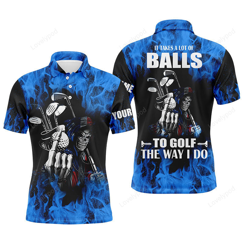 Mens golf polo shirts, custom name blue flame golf skull it takes a lot of balls, custom golf shirt for men, golf clothing GY2042