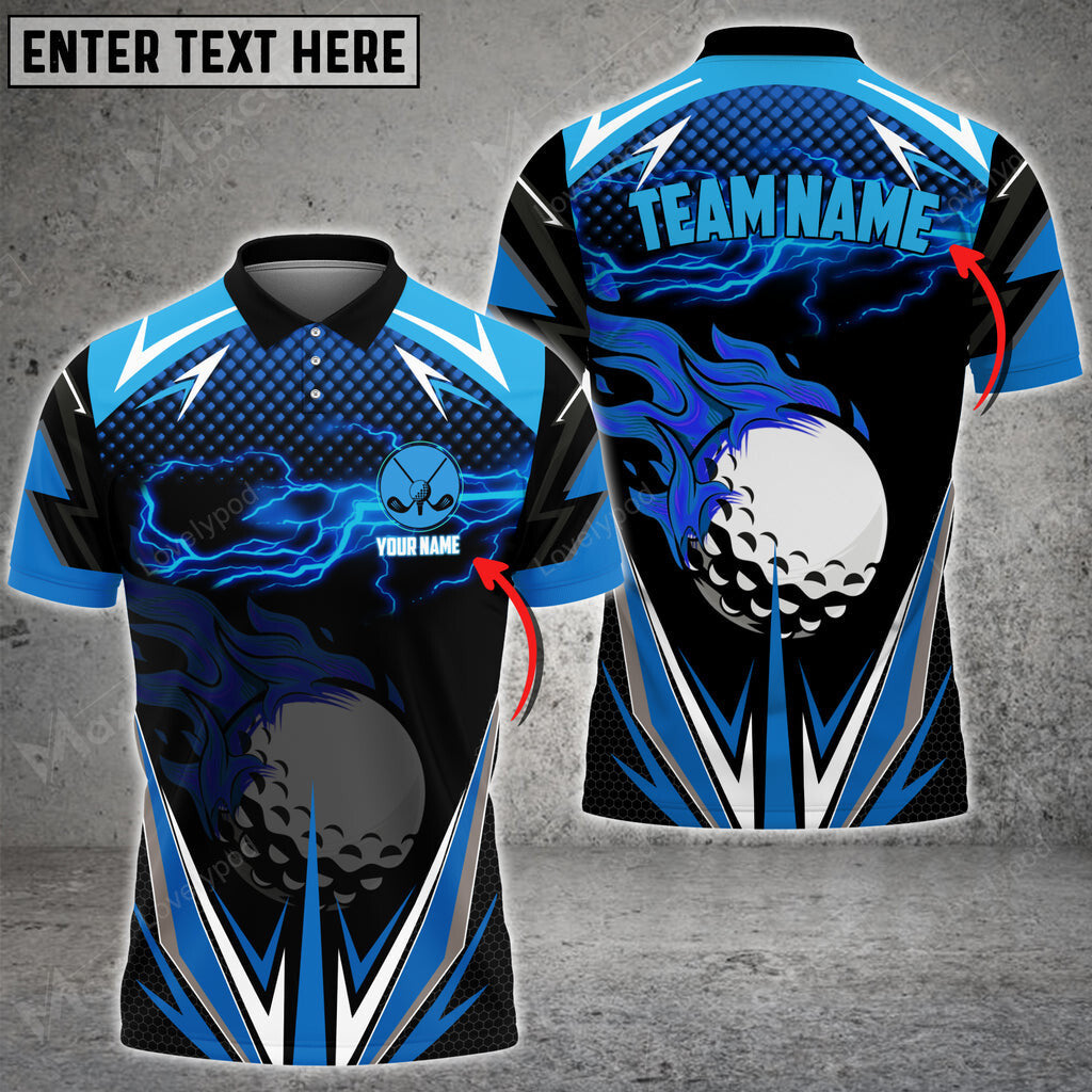 Mens golf polo shirts, golf blue fire personalized name team name 3d polo shirt, custom golf shirt for men, golf clothing GY2043