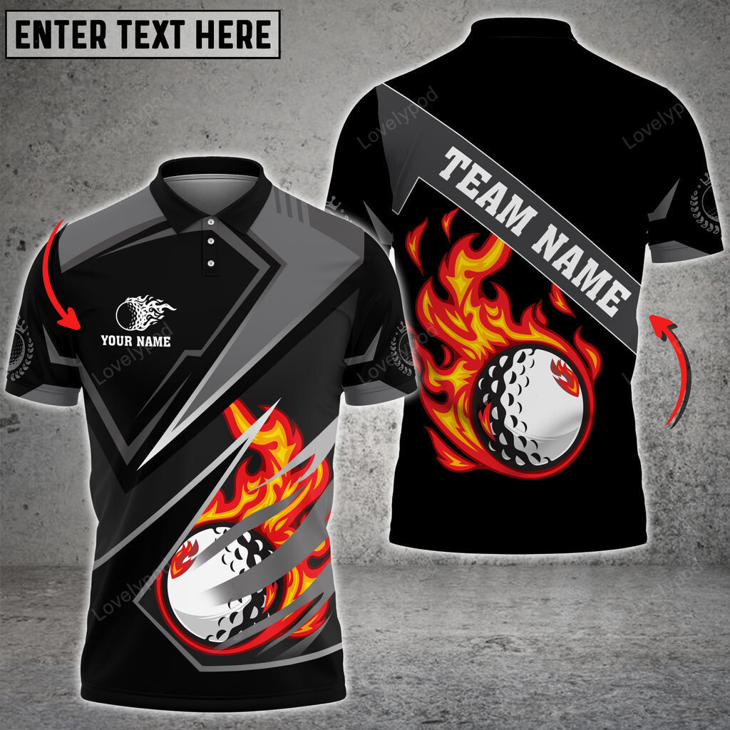 Golf sport black fire ball personalized name team name 3d polo shirt, custom beer golf shirts for men, golf clothing GY2045