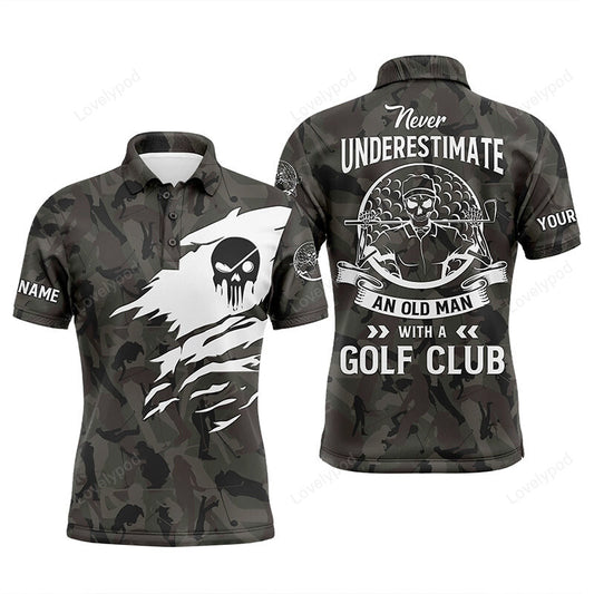 Golf skull camo mens golf polos shirts custom never underestimate an old man with a golf club, custom beer golf shirts for men, golf clothing GY2046