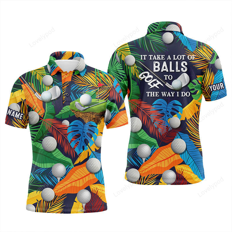 Mens golf polo shirt, tropical floral golf shirts it takes a lot of balls 3d polo shirt, custom beer golf shirts for men, golf clothing GY2048