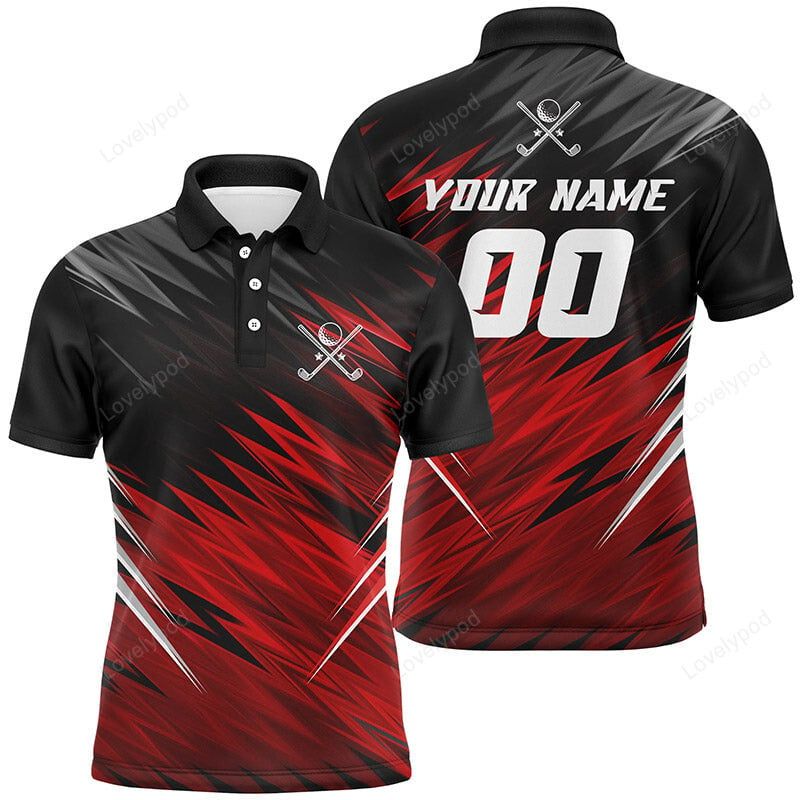 Mens golf polos shirts custom black and red lightning team golf shirts, personalized golf gifts GY2051