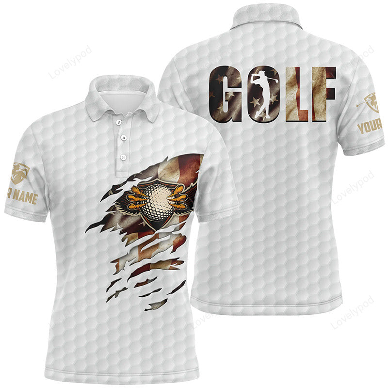 Vintage american flag eagle golf ball texture, ripped us flag patriotic golf shirts for men, personalized golf gifts GY2053