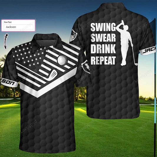 Swing swear drink repeat custom polo shirt, personalized black american flag golf shirt for men GY1414