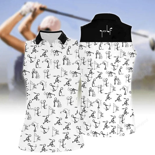 Women's sleeveless golf shirts, stick figures playing golf women sleeveless polo shirt, funny women golf shirts, ladies golf shirts GY2064