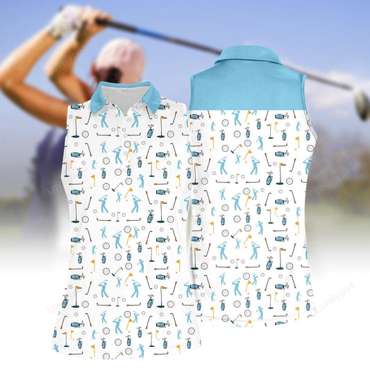 Stick figures playing golf women sleeveless polo shirt, women's sleeveless golf shirts, funny women golf shirts GY2067