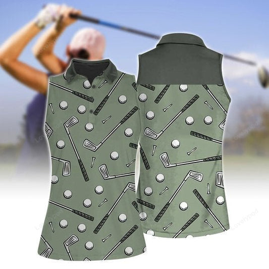 Green seamless golf stick figures women sleeveless polo shirt, women's sleeveless golf shirts, funny women golf shirts GY2069